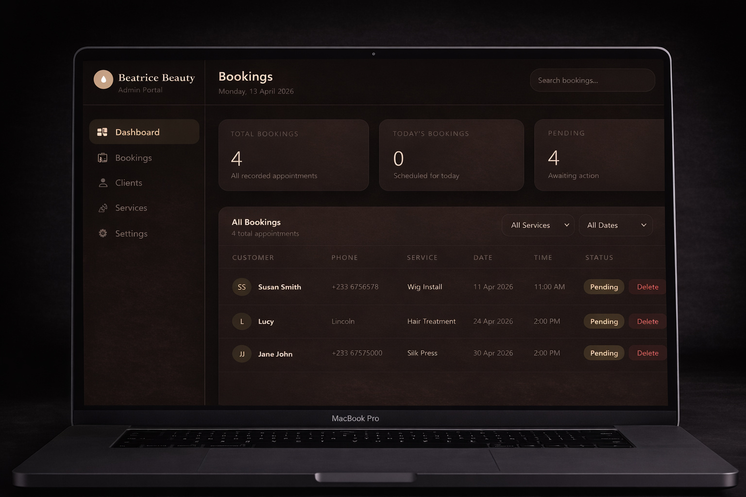 Beatrice Beauty dashboard or appointment view